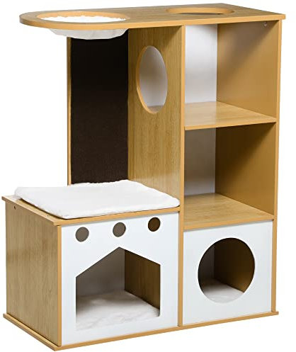 PawHut Árbol Rascador para Gatos 92,5 cm Árbol para Gatos de 3 Niveles con 2 Cuevas Hamaca Rascador y Cojines de Felpa Torre para Gatos para Interior 76x37x92,5 cm Roble