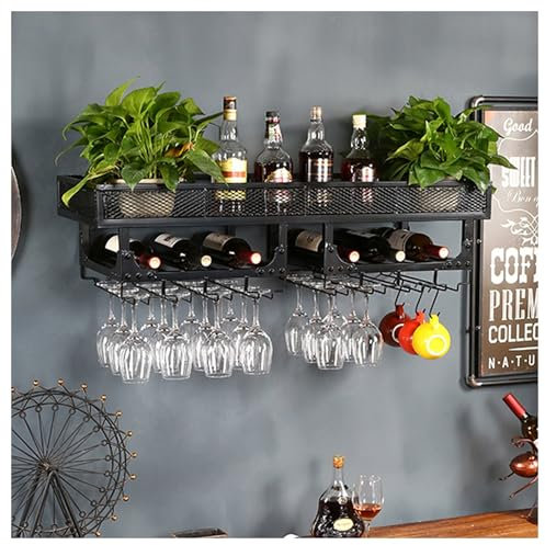Estantes de bar de metal rústico montados en la pared con estante colgante para copas de vino, mini estantes de vidrio para almacenamiento de cocina y exhibición de botellas de licor, perfecto para