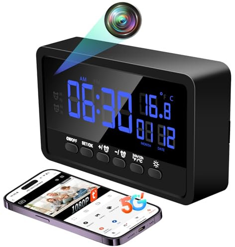 Nisanuki Telecamera Nascosta WiFi 5G, Mini Telecamera Spia Senza Fili, 120° Microcamera Spia Sveglia 1080P HD Spy Cam Videocamera Orologio Visione Notturna Rilevamento di Movimento Tuya APP