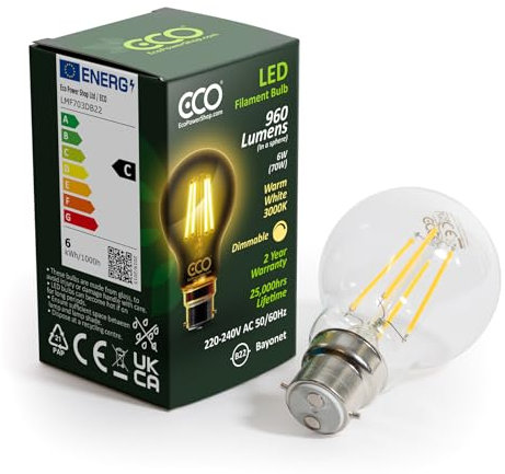 ECO 70W Equivalent 6W Dimmable LED Filament Light Bulb, 960 Lumens, Warm White 3000K, B22 2-pin Bayonet, 25,000hrs Lifetime.