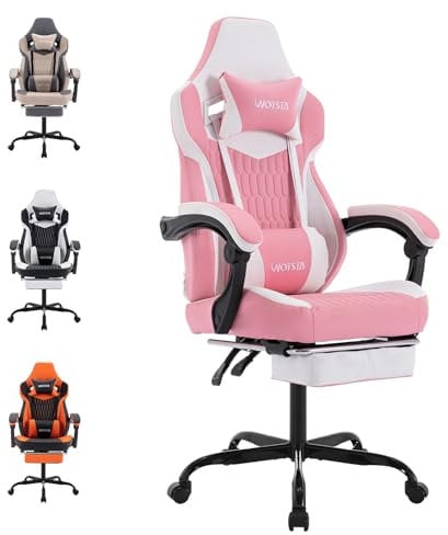 Gaming Chair, Ergonomic Gaming Chair with Footrest and Lumbar Support, Computer Chairs, Height Adjustable Computer Racing Gamer Chairs for Gaming or Office, Pink White