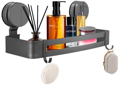 Amexo Suction Cup Shower Caddy No Drilling, Vacuum Shower Caddy with 2 Hooks Removable Bathroom Wall Shelf Aluminum Vacuum shower Basket Storage Organizer, for Shampoo, Soap, Toiletries, Grey