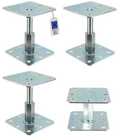 4 embases pieds de poteau réglables - Platine 100x100mm - Ht100 à 150mm - M20 - Acier galvanisé à chaud - Fabrication Européenne