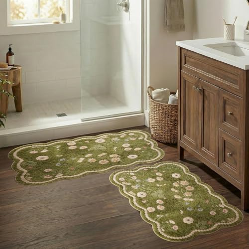 PLYIHE Badezimmer Teppiche Sets 2 Stück,Ungewöhnlich geformte Blüten Grün Weiß Frühling und Sommer Schlafzimmerteppich,ideal als Sommerliche Dekoration für Bad, Wohnzimmer (Grün, 40x60cm+50x80cm)