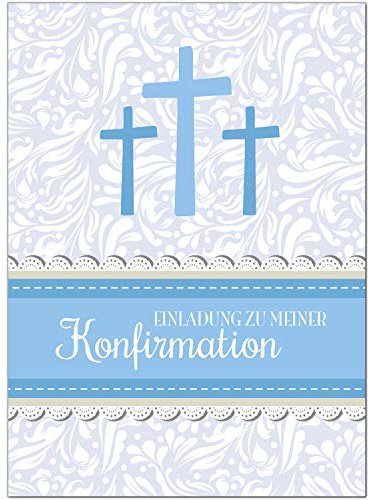 10 x Einladungskarten zur Konfirmation mit Umschlägen/Blau mit 3 Kreuzen/Konfirmationskarten/Einladungen zur Feier