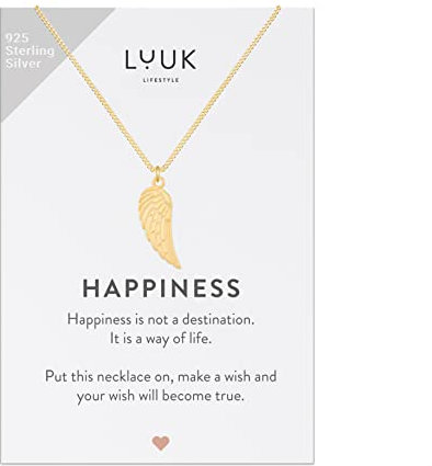 LUUK LIFESTYLE Halskette mit Engelsflügel Anhänger und HAPPINESS Geschenkkarte, 925er Sterlingsilber, Modeschmuck für den Alltag, den Strand, wasserfest, Boho Muster, Gold