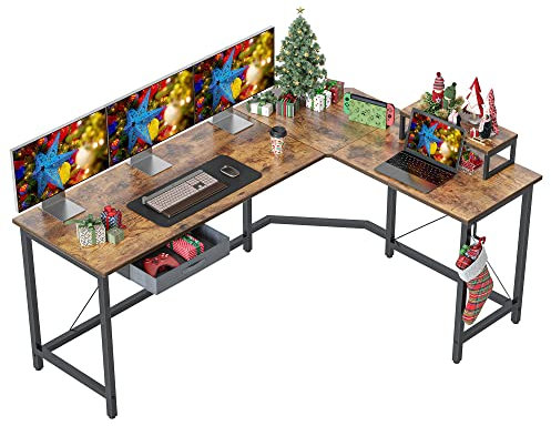 CubiCubi Gaming Tisch Eckschreibtisch 170 x 120 cm, Schreibtisch L Form mit Schublade und Monitorständer, Ecktisch Computertisch, Vintagebraun