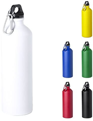 TIENDA EURASIA® Botella de Agua de Aluminio, Capacidad 800 ml, con Tapon de Seguridad y Mosqueton Metalico, Bidon Ligero para Trekking, Camping, Gimnasio, Color Blanco