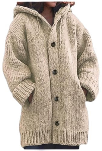 DECORN Women's Hooded Knit Sweater - Autumn and Winter Women's Knitted Sweater, Thick Long Sleeve Button Cardigan Jacket,Casual Outdoor Christmas New Year Gift.(Size: M, Khaki)
