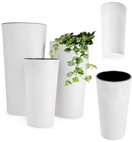 KADAX Set di 3 vasi da fiori con trucioli di legno, elegante vaso con inserto estraibile, protezione per vaso di fiori per ufficio, fioriera, vaso, ciotola da giardino (Bianco)
