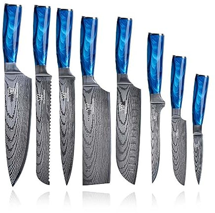 Küchenkompane - Set de couteaux asiatiques en acier inoxydable Shiburu | Set de 8 couteaux de cuisine | Couteau de chef au design damassé avec manche en résine époxyde, boîte cadeau incluse
