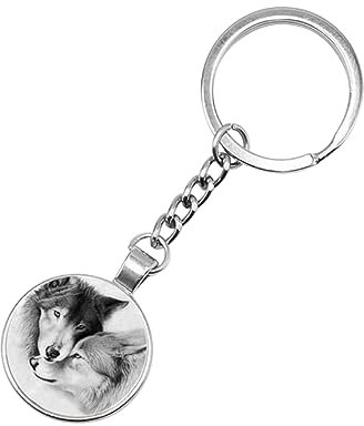 Porte-clés, bijou de sac cabochon couple loups en acier.