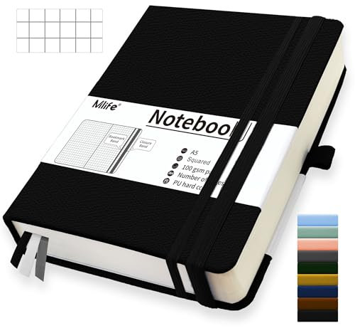 Mlife A5 Kariert Journal Notizbuch,360 Seiten Und 100g/M² Tintenfestes Papier,Hardcover Collegeblock Notizblock,Notizbücher Mit Falttasche Für Büro Schule Zuhause Schreiben&Notizen(Schwarz)