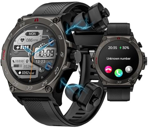 Smart Watch with TWS Earbuds, 1,53 AMOLED Waterproof Smartwatch Men built-in BT Earphone with Dial Answer Calls Heart Rate Blood Pressure Sleep Monitor for iOS Android