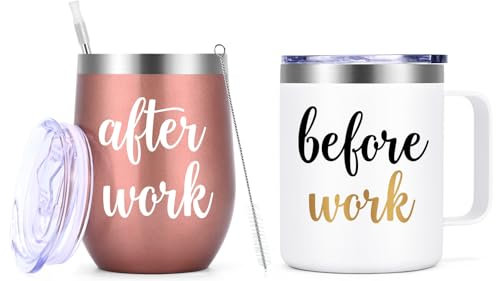 Gtmileo Before Work After Work Gift Set, Christmas Office Work Gifts for Coworkers Employees Female Boss Lady Women Friends Manger, 12oz Insulated Coffee Mug Wine Tumbler Set（Rose Gold&White