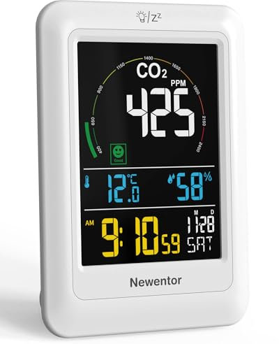 Newentor CO2 Monitor, Air Quality Monitor Indoor Carbon Dioxide Detector with Voice Alert Large Display, Temperature Humidity, Alarm Clocks for Home, RV, Office, Classroom, 400-5000ppm, White