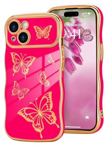 Urarssa for iPhone 15 Case, Womens Girls Cute Butterfly Pattern Curly Wave Frame Case, Shockproof Raised Lens Protection Soft Silicone TPU Bumper Luxury Plating Glossy Phone Cover, Rose Red