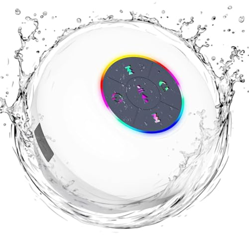 Bluetooth Shower Speaker with LED, Portable Wireless Mini Speaker (White) | Built-In Mic, Suction Cup, IPX4 Water Resistant, Shower, Travel, Pool, River Floating & Outdoor Fun