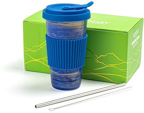 TIANNA VALLEY Taza de café de viaje azul, taza de café de cerámica (5.95 pulgadas de alto) con tapa y popote (450 ml), tazas de viaje hechas a mano, vaso apto para microondas y lavavajillas con tapa