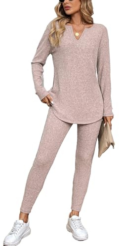 JENJON Donna Completo Tuta 2 Pezzi a Maniche Lunghe con Leggings in Maglia a Coste Scollo a V Tuta Casual Sportiva Autunno Inverno