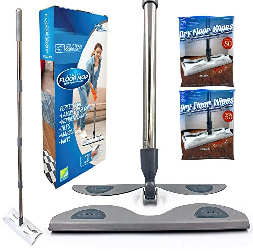 Laminate Floor Mop with Pack of 100 Dry Floor Wipes – Mops with Disposable Wipes That Attract Dust from Laminated, Tiled, Wooden, and Vinyl Floorings, Easy Clean Flat Mop Set Static Sweeper Kit