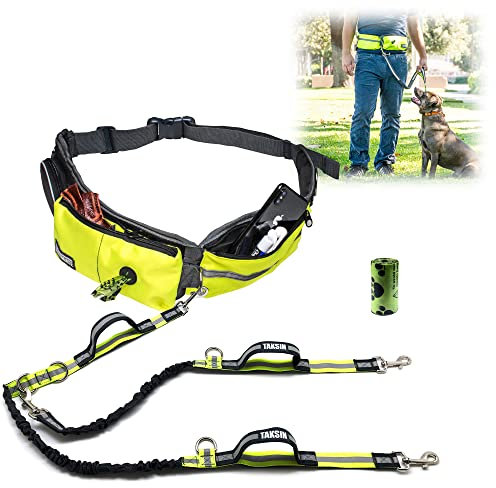 TAKSIN - L'ultime laisse de marche mains libres pour deux chiens + laisse d'entraînement + porte-friandises + distributeur de sacs à déjections canines + poche pour téléphone + porte-bouteille (chiens