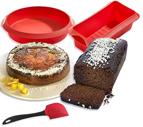 Lékué Kit Moldes Repostería, Redondo + Rectangular + Espátula, silicona platino Rojo