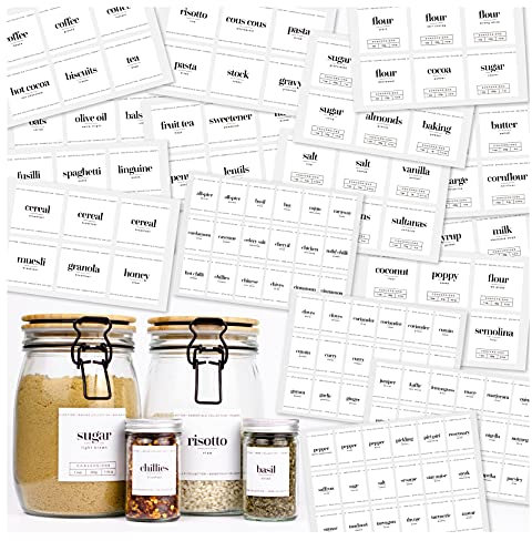 288 x Kitchen Labels for Jars - Contemporary Mixed Size Printed White Sticky Labels for Kitchen and Pantry Storage