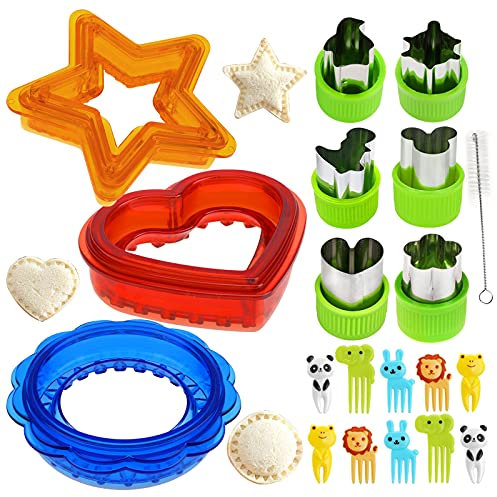 26Piezas Sandwich Cutter and Sealer, Cortadores de Galletas con Cubierta Protectora, Moldes de Galletas con Tenedor para Cookie, Sandwiches, Vegetale, Fruta,Forma Animal Fiesta Herramientas Decorativa