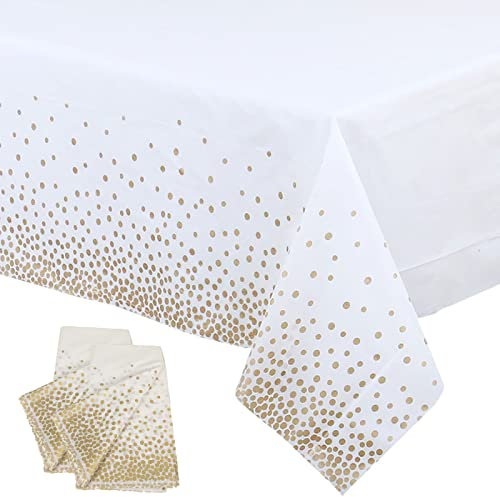 2Pcs 137*274cm White and Rose Gold Disposable TableCloth Table Covers,Party Dot Confetti Rectangular Tablecover Plastic Tablecloths for Picnic,Baby Shower,Wedding,Christmas,Birthday Parties Decoration