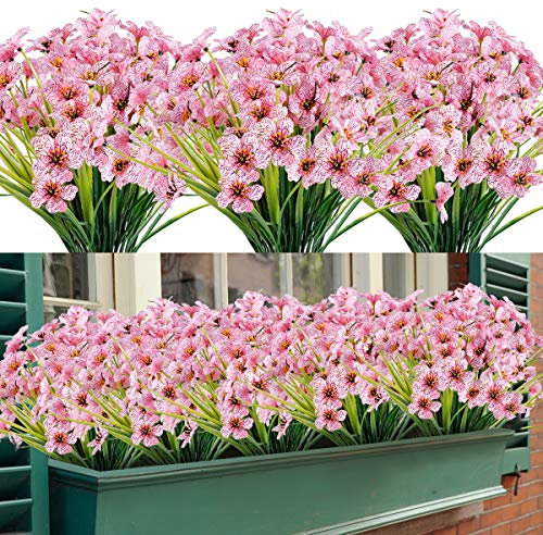 Künstliche Blumen 16 Bündel im Freien UV-beständig gefälschte Blumen kein Verblassen Faux Kunststoff Greenery Sträucher Garten Veranda Fenster Box dekorieren (Rosa)