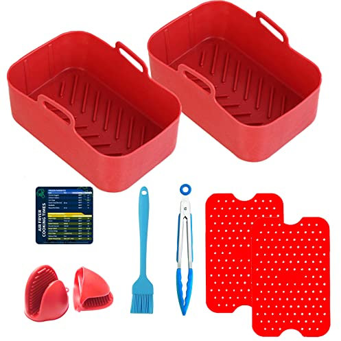 Cicano Accessori per friggitrice ad aria, 9 pezzi, fodere per friggitrice+ciotole, riutilizzabili antiaderenti per friggitrice doppia aria rossa