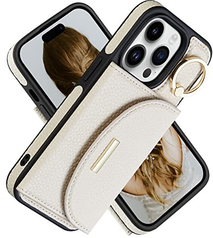 Keallce für iPhone 14 Pro Hülle, Handyhülle iPhone 14 Pro, Ledertasche mit Kartenhalter, 360° drehbarer Ringständer, Schutzhülle für iPhone 14 Pro, 6,1 Zoll Beige