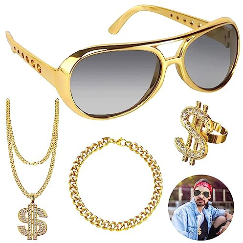 Zkaoai 4 Stück Dollar Kette set, Dollar Zeichen Halskette Ringe Sonnenbrille Goldkette Set, Hip Hop Kostüm Set, Hip Hop Kostüm Accessories Set, 80er 90er Jahre Kostüme Outfits und Accessoires