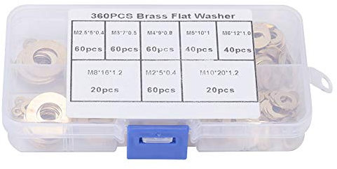 Shipenophy Brass Washers, 360pcs Flat Washer M2 M2.5 M3 M4 M5 M6 M8 M10 Brass Washer Metal Flat Gasket Ring Kit Washer Brass Shim washers 13x7x2