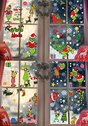 217 piezas Pegatinas Navidad para Ventanas, Navidad Pegatina de Pared Pegatina Copo de Nieve Navidad, Grinch Muñeco de Nieve Alce de La Puerta Adornos Navidad Decoracion Ventana Blectrostáticas