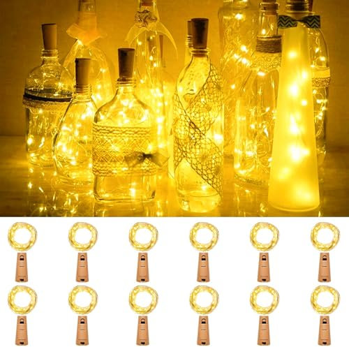 kolpop 12 Stück Flaschenlicht Batterie, Flaschen Lichterkette 2M 20LED Glas Korken Licht Lichterkette mit Batterie für außen/innen Deko Flaschenlichter DIY, Party, Hochzeit, Weihnachten - Warmweiß