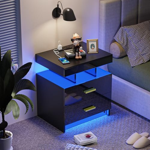 Nachttisch LED,nachttisch mit ladefunktion nachttisch mit led nachttisch usb nachtschränke nachttisch mit steckdose nachttisch steckdosen Nachttisch mit 2 Schubladen Hochglanz(1, schwarz)