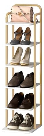 Hzuaneri Vertikales Schuhregal, 6-Stöckige Schuhregale, Schuhturm für Kleine Räume, Freistehend, Verstellbar, Platzsparend, Weiß Gold SR04213A