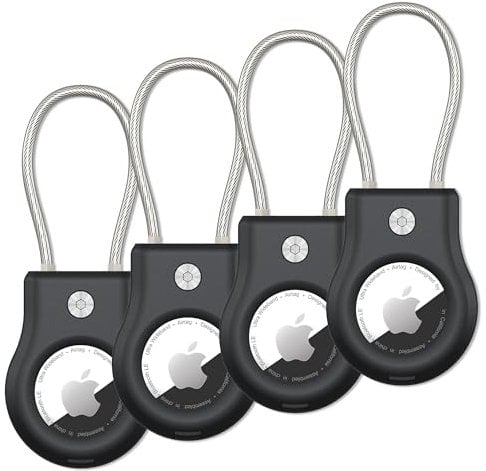SCALLOP Airtag Keychain Holder 4 Pack, Air Tag Lock Case Holders with Wire Cable, Sturdy Protection Airtag Key Chain, Compatible Apple Airtag for Key Ring,Keys, Luggage.Black