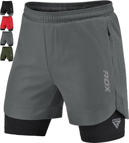 RDX Shorts De Course, Shorts De Sport Homme 2 Fermetures Eclair et 2 Poches pour Téléphone, Elastique Léger à Séchage Rapide pour Fitness Entraînement, Jogging, Natation, Vélo, Yoga