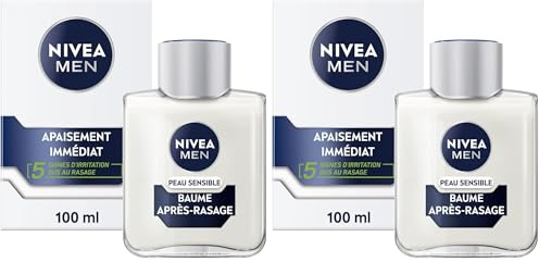 NIVEA MEN Peau Sensible Baume Après-Rasage (1 x 100 ml), Soin Après-Rasage enrichi en Camomille & Hamamélis, Soin visage pour homme 0% d’alcool pour peaux sensibles (Lot de 2)
