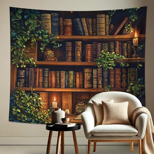 Antiker Bücherregal-Wandteppich, rustikaler Wandbehang, gemütliche Heimdekoration für den Herbst, Vintage-Stil für Wohnzimmer, Leseecke, ästhetische Wandteppiche, 152,4 x 101,6 cm