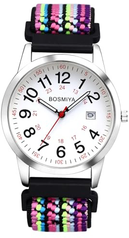 JewelryWe Boho Uhr mit Geflochten Elastischem Stoffarmband Damen Herren Kalender Analog Quarz Armbanduhr Farbig Gewebt Stretcharmband Senioren Uhr mit 12/24 Stunden Großen Zahlen Zifferblatt