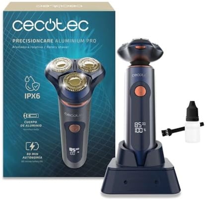 Cecotec PrecisionCare Aluminium Pro rotationsrakapparat, 80 minuters körtid, LCD-skärm, titanblad, 8 000 varv/min, vattentät, IPX6, dubbelbladsteknik, laddningsstation