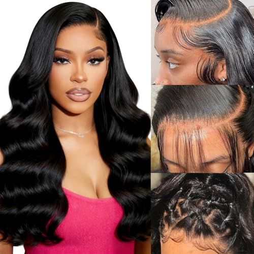 Oxeyegirl 18 Zoll Echthaar Perücke 13x4 HD Lace Front Wig Human Hair Body Wave Human Hair Wig with Baby Hair Natürliche Gewellte Echthaar Perücke 200% Dichte Pre Plucked Perücke Damen Echthaar 45CM