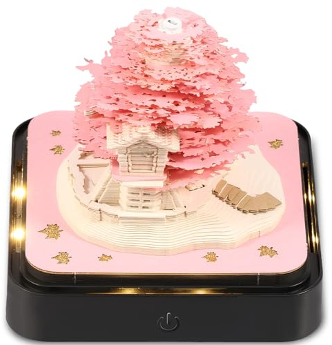 Harupink 3D Kalender 2026, 3D-Notizblock, 2026 Tischkalender-Notizblock mit Licht und Glasklarem Anzeigebox,Kreative Papier Schnitzerei Kunst Schreibtisch Kalender, DIY Desktop Ornament (Rosa Baum)