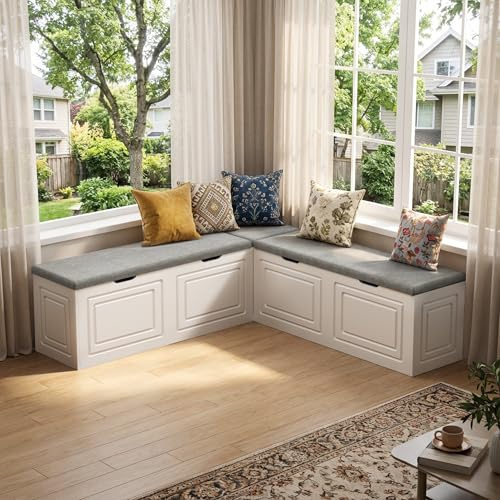 Merapi L Shape Storage Bench, 63-inch L-Shaped Breakfast Nook Bench with Storage, Corner Kitchen Bench with Cushioned Seat & Hidden Compartments for Entryway, Dining Room (White-Grey)