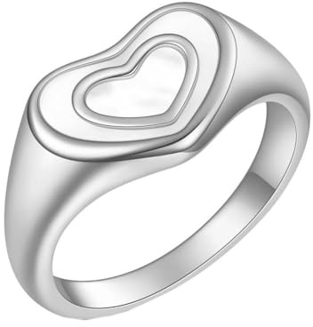 PAMTIER Damen Edelstahl Herz Ring 10mm Doppel Herzförmig Perlmutt Muschel Einlage Versprechen Band