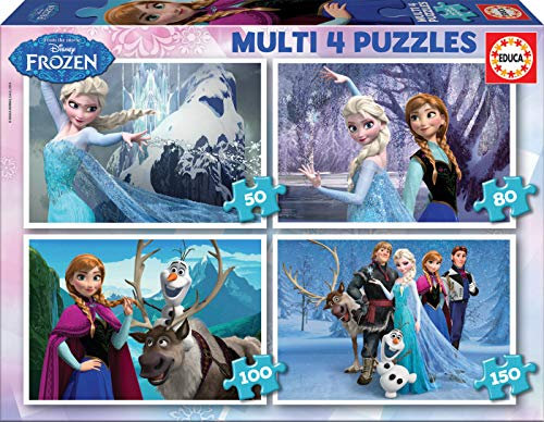 Educa - Die Eiskönigin, 4in1 Puzzleset mit 50/80/100/150 Teilen für Kinder ab 5 Jahren, ELSA und Anna, Olaf, Disney, Frozen (16173)